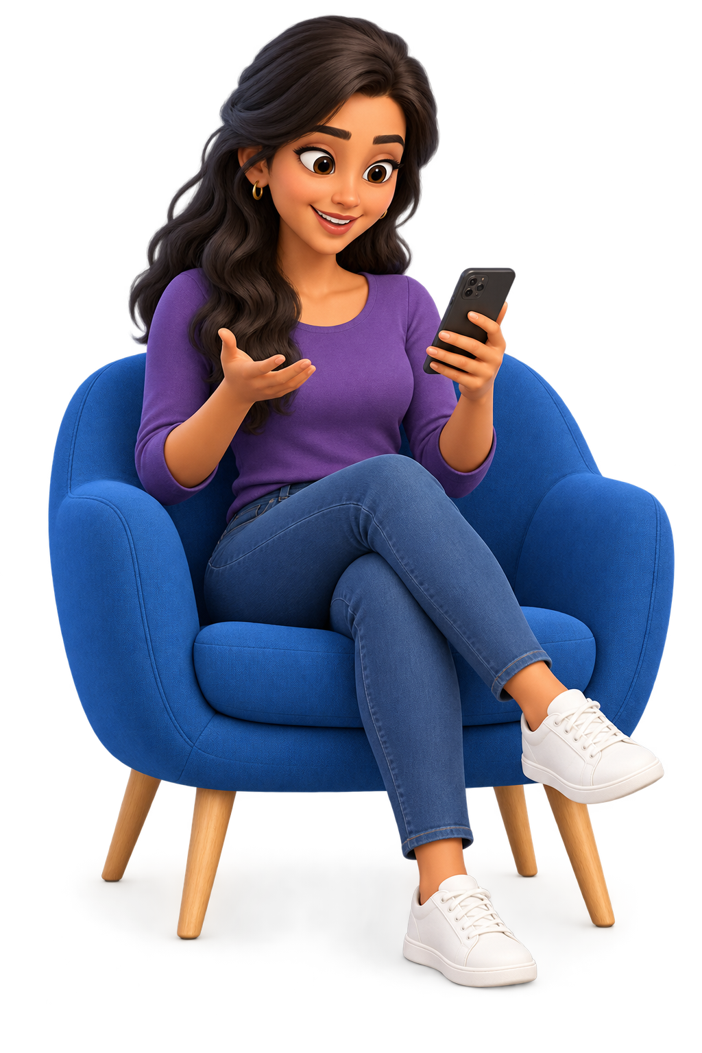 A SELVE learner seated at a slight angle in a blue chair and looking at the app on her phone